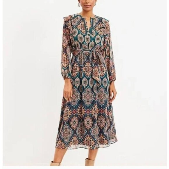 LOFT dress midi Womens Sz Large petite Boho medallion Patterned Belt Green long - Picture 1 of 12